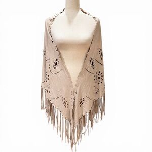 Faux Suede Laser Cut Western Fringe Shawl Tan One Size